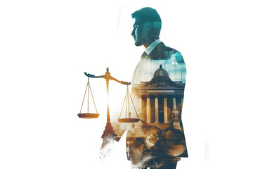 Double Exposure Photography of a Lawyer and Law Firm Perspective with Vibrant Hues and Impeccable Clarity Against a White Backdrop