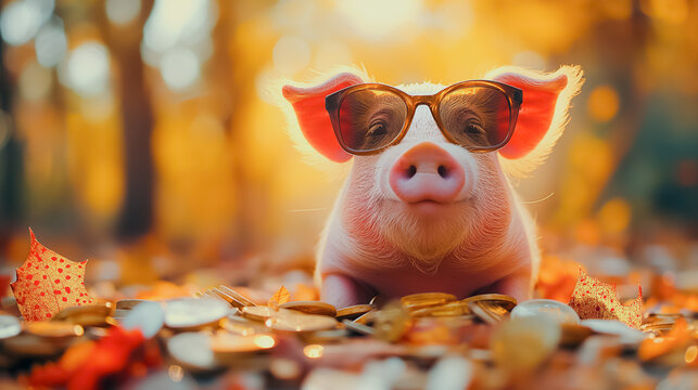 A pig wearing sunglasses and standing on a pile of coins