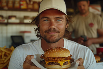 Man holding burger in fast food restaurant