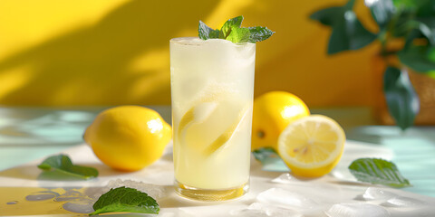 Um copo refrescante de limonada com folhas de hortel&atilde;.