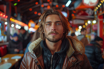 Fototapeta premium Man in leather jacket standing in busy night market