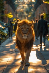 Lion Walking Through a Modern City