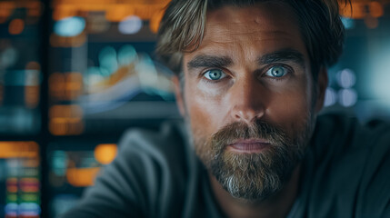 Obraz premium Man in light analyzing stock market trends, financial trading themes, modern office, professional attire, confident expression