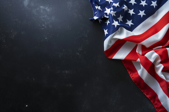 An American flag on the left side of an empty black background, space for copy, top view, flat lay photography,