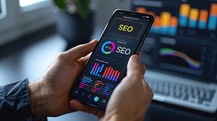 Hands holding a smartphone with a vibrant digital marketing dashboard on the screen, highlighting key metrics and the word SEO prominently displayed