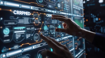 Obraz premium A person s hands interacting with a touchscreen interface showing a CRM system, with CRM highlighted, against a sleek tech background