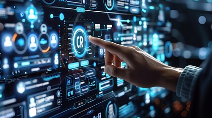 A person s hands interacting with a touchscreen interface showing a CRM system, with CRM highlighted, against a sleek tech background