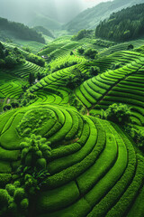 Aerial view from a helicopter of neatly arranged farmland, with patches of green crops and winding dirt roads,