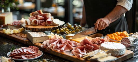 Food macro photography. Slicing deli meats, cheese.