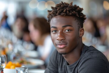 Young man with dreadlocks sitting at a table