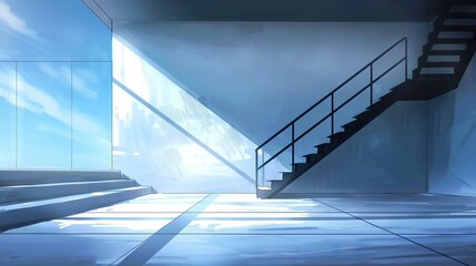 A set of stairs ascends to a cloud-filled sky above, while another stairway similarly leads upward