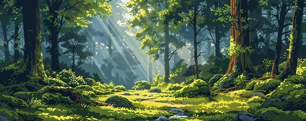 Obraz premium mossy forest flat design side view ancient woods cartoon drawing Split-complementary
