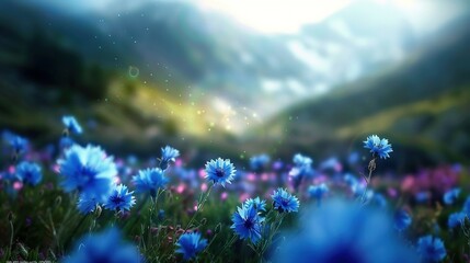 Obraz premium A field of blue flowers under the sun, with clouds framing the mountain view