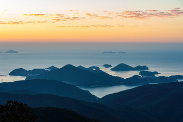 Beautiful sunrise at Geumsan Boriam and morning at Hallyeohaesang National Park.