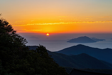 Beautiful sunrise at Geumsan Boriam and morning at Hallyeohaesang National Park.