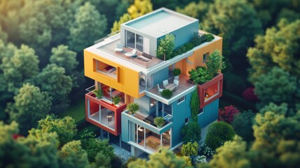 smart home flat design top view energy efficiency 3D render Triadic Color Scheme