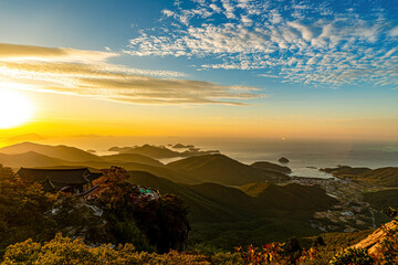 Beautiful sunrise at Geumsan Boriam and morning at Hallyeohaesang National Park.