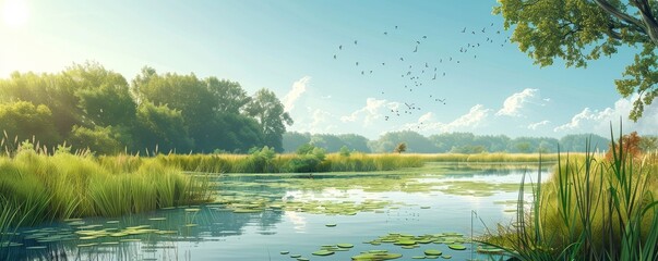 wetland flat design side view marshland animation vivid