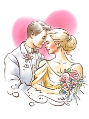 bride and groom digital art for card decoration illustration