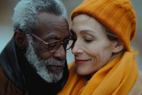 Elderly couple smiling closely outdoors