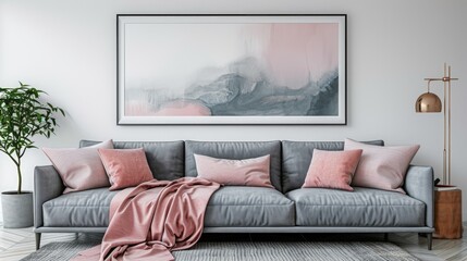 Modern Living Room Interior with Grey Sofa and Abstract Art