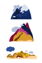 Three natural objects in the landscape. Village in the desert, snowy mountain peaks, road into the hills. Vector illustration.