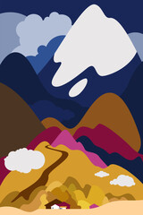 A village or town in a mountainous area with snowy peaks. The road rises from the town into the mountains. Evening after a thunderstorm. Vector illustration.
