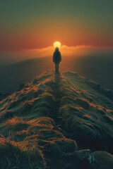 Fototapeta premium A serene landscape with a soul lifting from a body, moving towards a distant light,