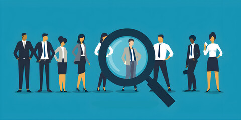 Hiring process HR, finding the best talent among other people for company magnifying glass message and copy space
