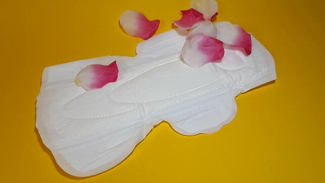 Sanitary napkin and flower petals. A concept that shows softness for the feminine area, is able to accommodate large amounts of blood and still keeps the feminine area dry., isolated on yellow.