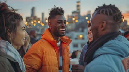 Diverse Friends Enjoying a Rooftop Gathering at Sunset in the City