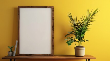Retro style brown wooden frame on yellow wall representing modern home decor