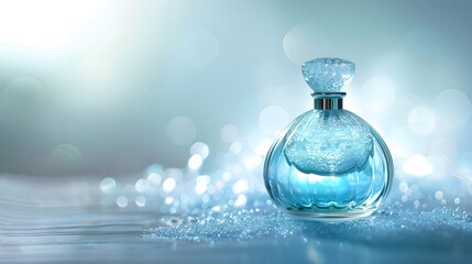 Elegant Blue Perfume Bottle with Sparkling Bokeh Background and Soft Lighting
