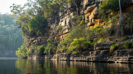 Obraz premium Riverbank cliff with layered vegetation