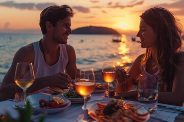 Obraz premium A couple enjoys a feast with glasses of wine by the sea at sunset, encapsulating a perfect evening filled with delectable food, stunning views, and heartfelt moments.
