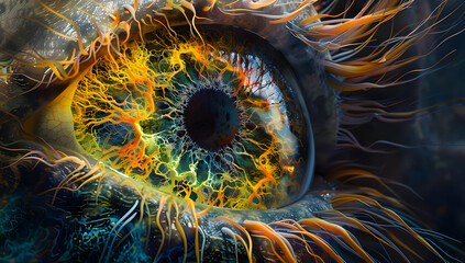 A detailed close-up of a human eye with vibrant, abstract lighting and colors, showcasing the iris and intricate details of the eye's structure.