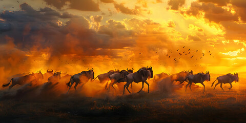 A herd of wildebeests running across a dusty plain at sunset, with vibrant orange and yellow skies filled with clouds and birds in the background.