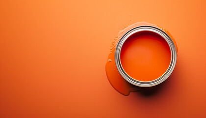 top view of orange color paint in can on orange background