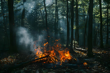 Fototapeta premium A small fire burns brightly in a dark, dense forest, with smoke rising slowly through the trees under the soft light filtering through the leaves.