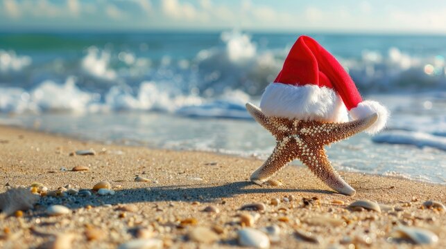 Starfish wearing Santa hat on beach near ocean Tourism and holiday theme