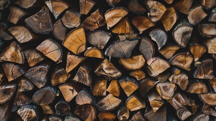 Stack of dried chopped firewood logs with open space in panorama