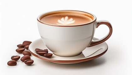 Cup of coffee with beans and espresso, isolated on white background