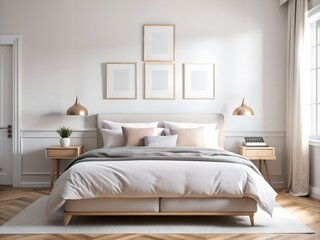 Fototapeta premium Blank poster frame mockup on wall above bed with home decor. Classic light interior design of a modern bedroom