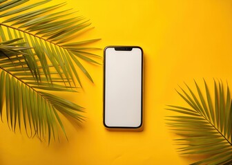 Smartphone with blank white screen for copy space on bright color background with tropical leaves