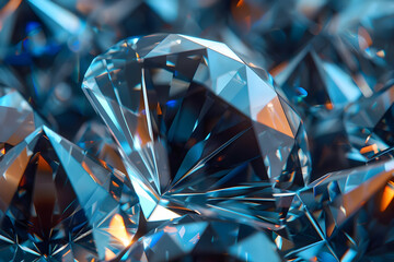 Close-up of sparkling blue diamonds, capturing their brilliance and intricate facets, perfect for luxury and elegance themes.