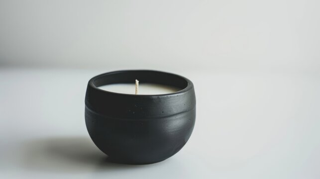 Trendy minimalist coconut wax candle in black jar on white background Eco friendly concept