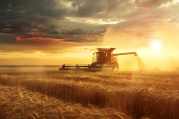 Combine harvester working on a golden wheat field during sunset, generating dust and illuminating the landscape with a warm glow.