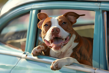 Happy brown and white dog sticking head out of car window enjoying the ride on a sunny day, captured in a vintage-style teal car.