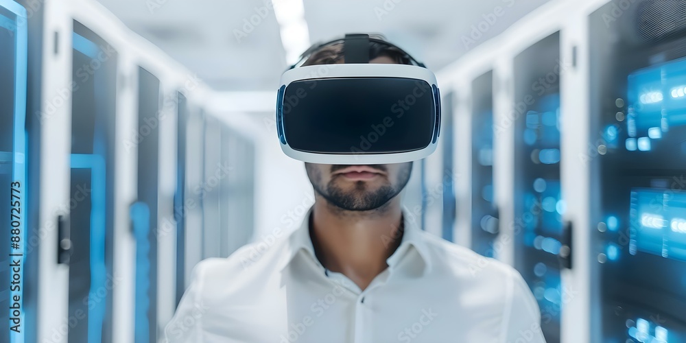 Poster man in vr headset in front of data center 3d rendering. concept virtual reality, data center, techno