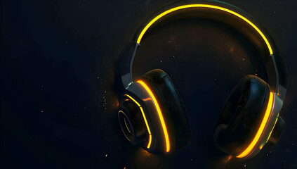 Fototapeta premium Modern black and yellow illuminated headphones on a dark background, showcasing sleek design and vibrant lighting for a futuristic audio experience.